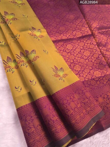 Yellow Floral Design Semi Soft Silk Fancy Saree with Purple Pallu and Border