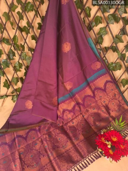 Premium Semi Soft Silk Saree in Rich Plum with Intricate Golden Motifs and Vibrant Teal Border