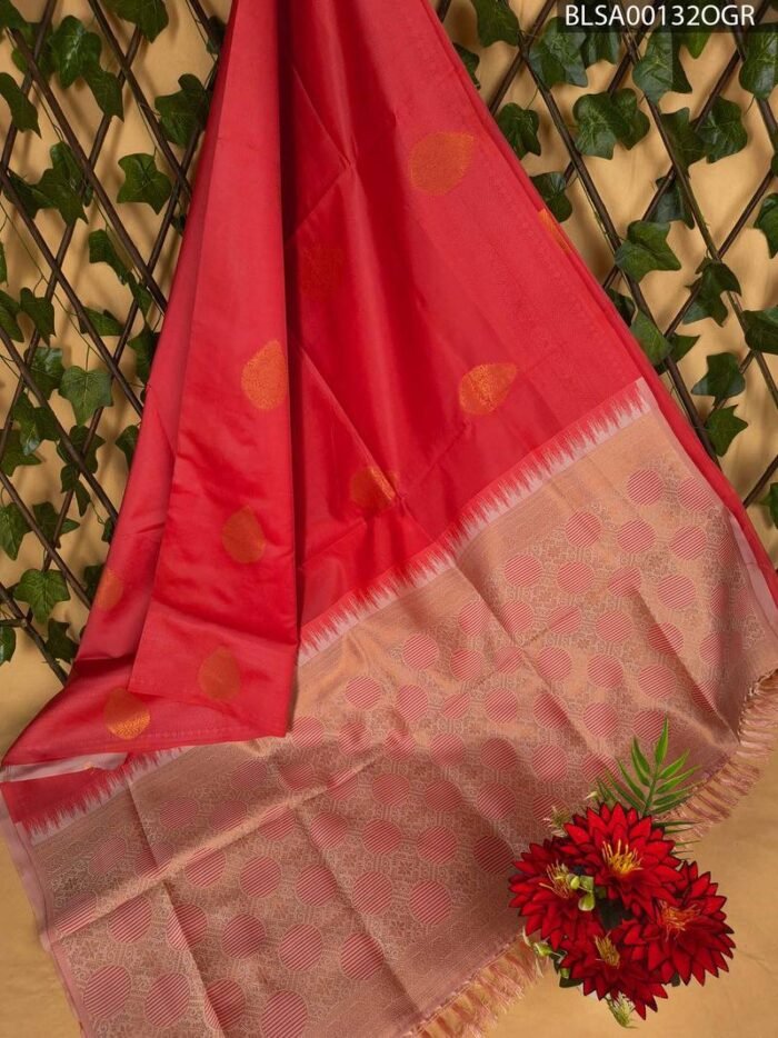 Vibrant Red Semi Soft Silk Saree with Intricate Golden Dot Motifs and Stylish Pallu - Image 1