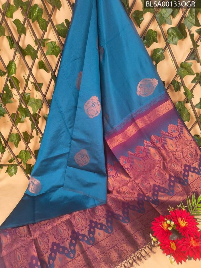 Teal Blue and Maroon Semi Soft Silk Saree with Intricate Motifs and Gorgeous Border - Image 1