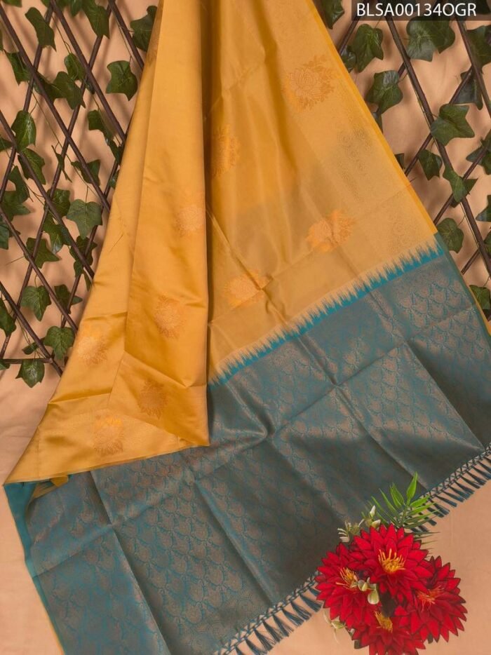 Beautiful Yellow and Teal Semi Soft Silk Saree with Floral Patterns and Designer Pallu - Image 1