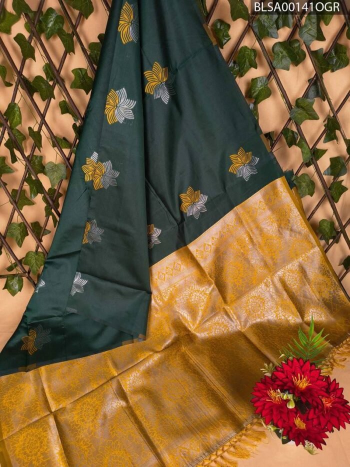 BLSA00141_MAIN_OGR-1.jpg Elegant Dark Green and Yellow Floral Semi Soft Silk Saree - Image 1