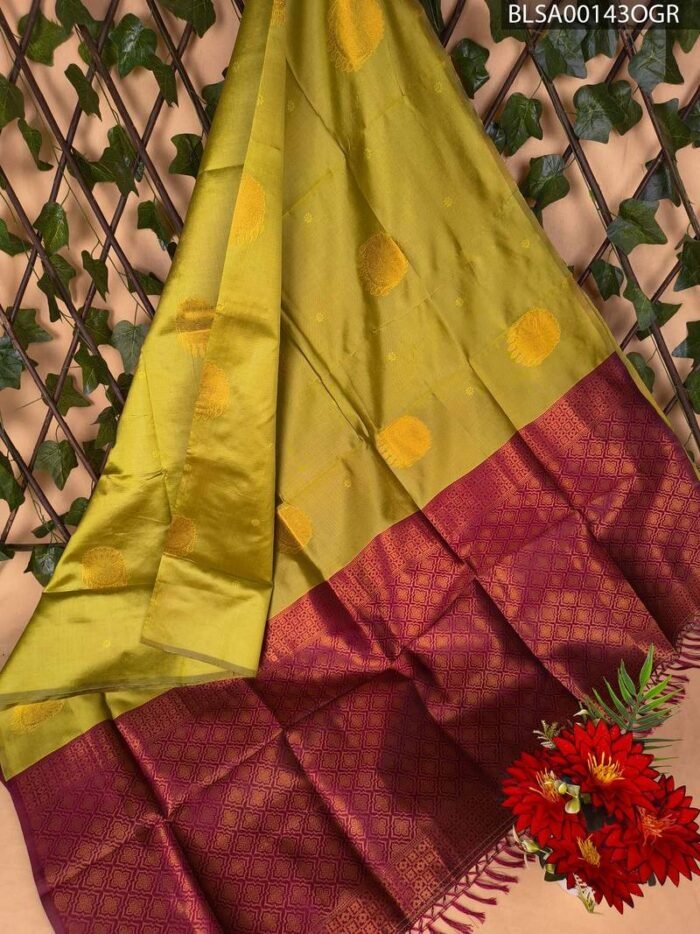 Beautiful Olive Green and Maroon Semi Soft Silk Saree with Intricate Motifs and Classic Border - Image 1