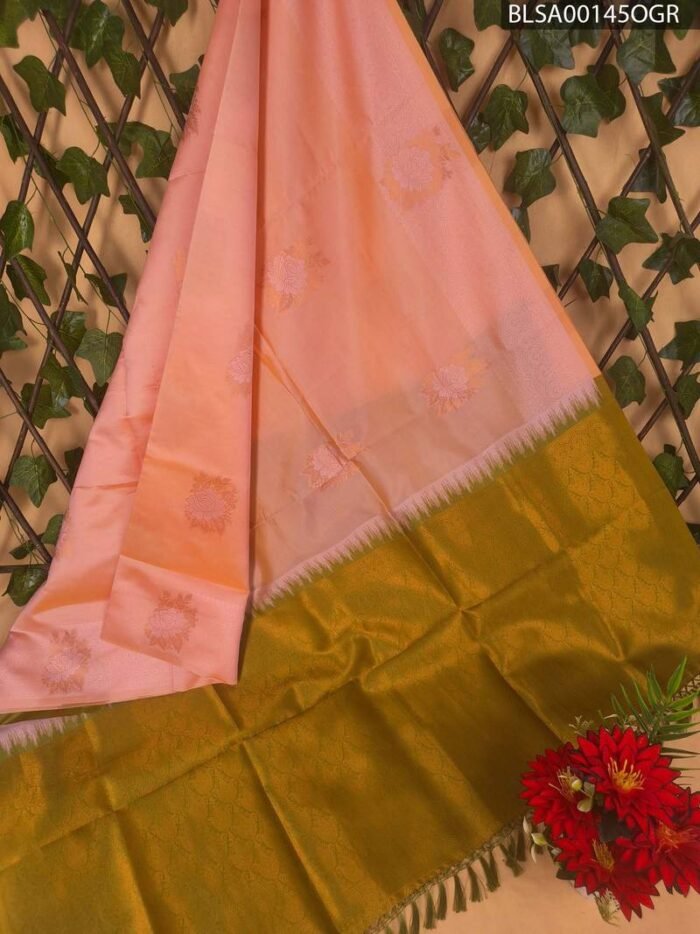 Peach and Olive Green Semi Soft Silk Saree with Floral Motifs and Elegant Border - Image 1