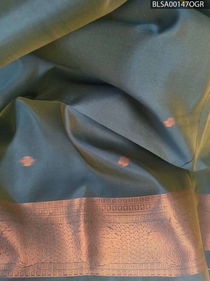 Light Green Semi Soft Silk Saree with Brown and Blue Border and Floral Motifs - Image 2