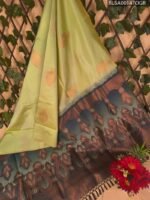 Light Green Semi Soft Silk Saree with Brown and Blue Border and Floral Motifs
