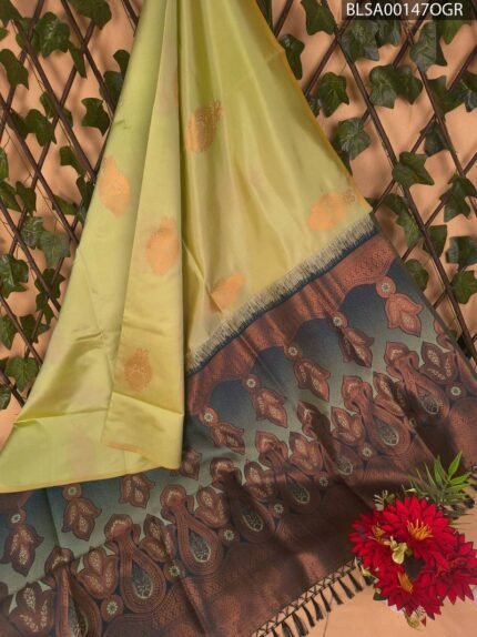 Light Green Semi Soft Silk Saree with Brown and Blue Border and Floral Motifs