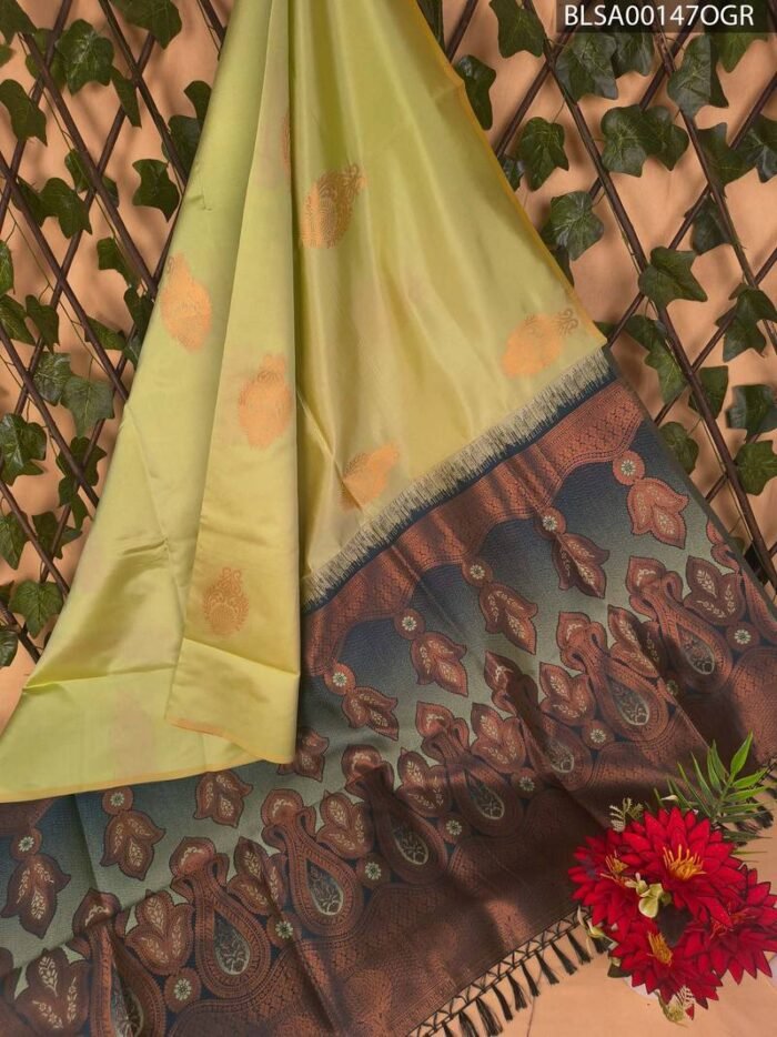 Light Green Semi Soft Silk Saree with Brown and Blue Border and Floral Motifs - Image 1