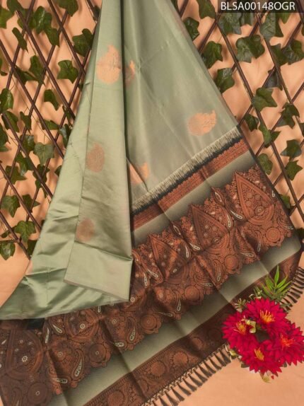 Green and Brown Semi Soft Silk Saree with Floral Motifs and Designer Border