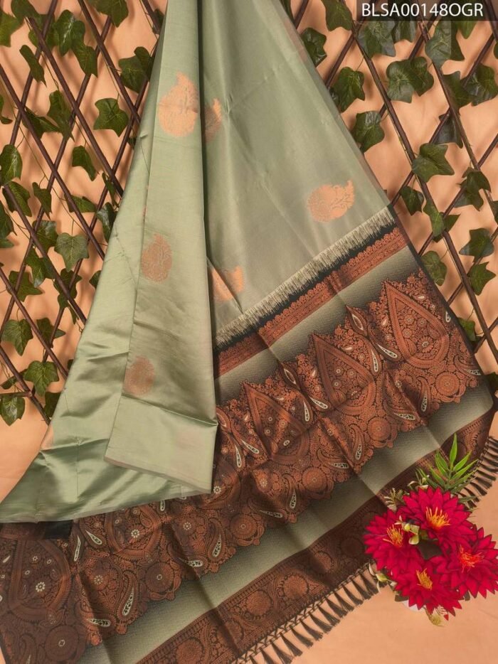 Green and Brown Semi Soft Silk Saree with Floral Motifs and Designer Border - Image 1