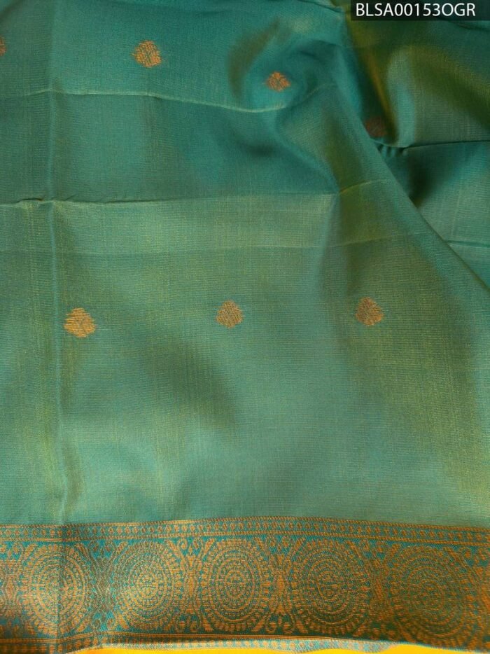 Vibrant Yellow Semi Soft Silk Saree with Beautiful Teal Border and Rich Pallu Design - Image 2