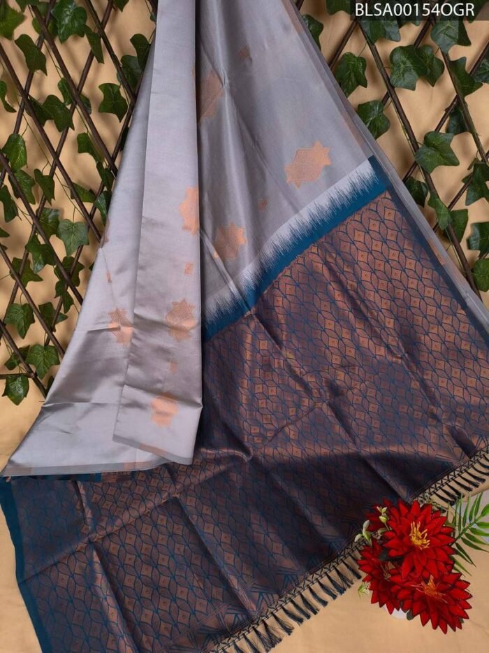 Grey and Blue Semi Soft Silk Saree with Elegant Motifs and Border Design - Image 1