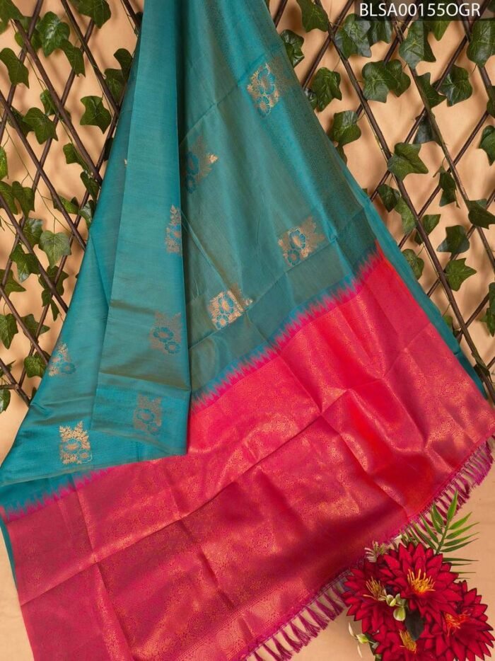 Teal and Pink Semi Soft Silk Saree with Beautiful Motifs and Rich Pallu - Image 1