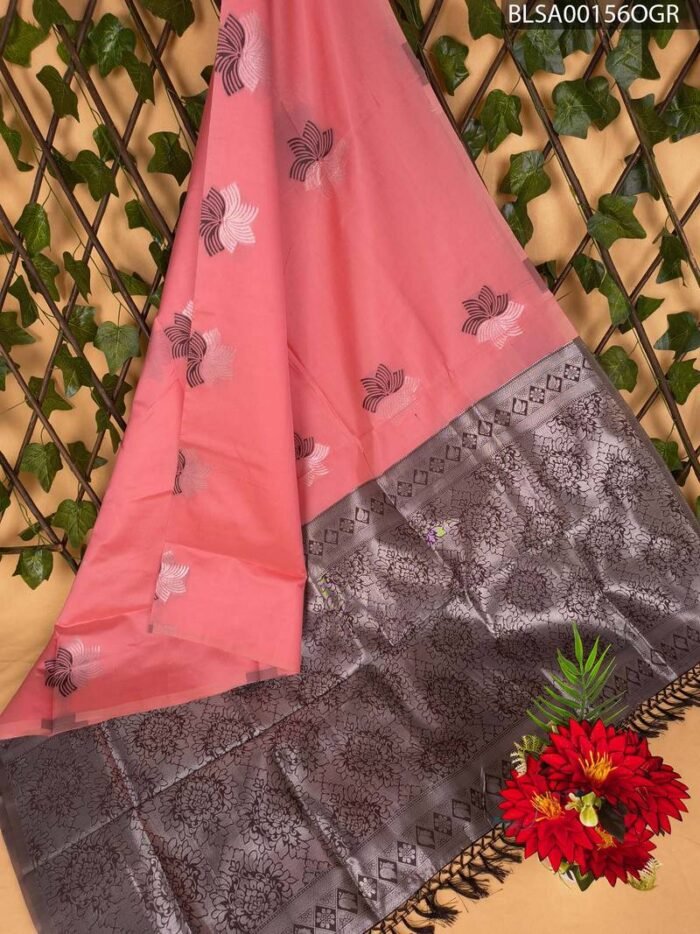 Elegant Pink and Gray Semi Soft Silk Saree with Floral Motifs and Rich Pallu - Image 1