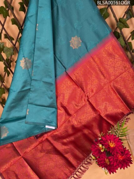 Teal Semi Soft Silk Saree with Red Pallu and Rich Golden Motifs