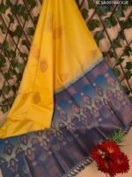 Beautiful Yellow and Blue Semi Soft Silk Saree with Intricate Leaf Motifs and Rich Pallu Design