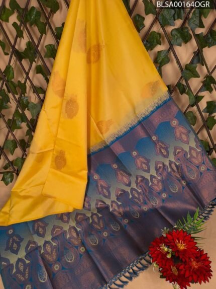 Beautiful Yellow and Blue Semi Soft Silk Saree with Intricate Leaf Motifs and Rich Pallu Design