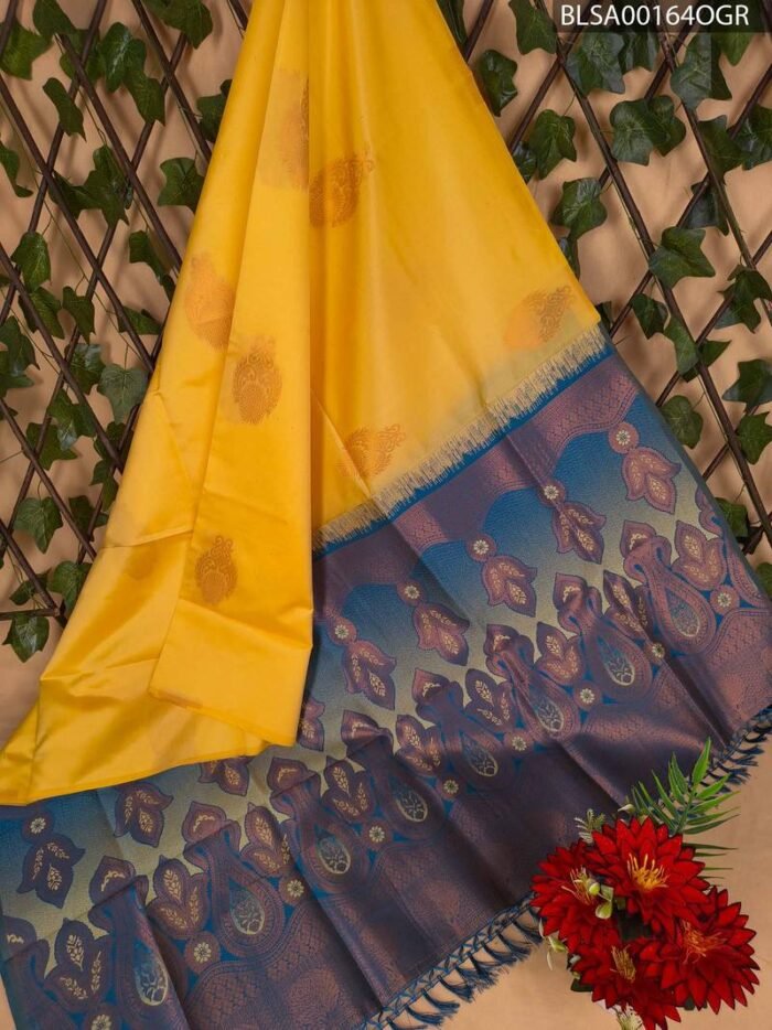 Beautiful Yellow and Blue Semi Soft Silk Saree with Intricate Leaf Motifs and Rich Pallu Design - Image 1