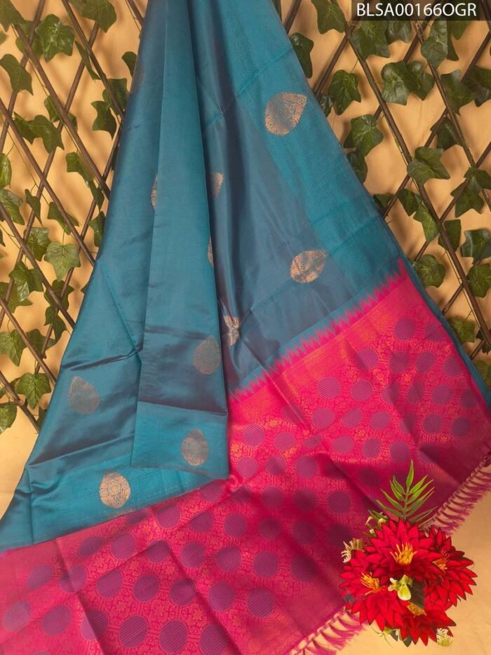 Teal and Pink Semi Soft Silk Saree with Elegant Motifs and Rich Pallu - Image 1
