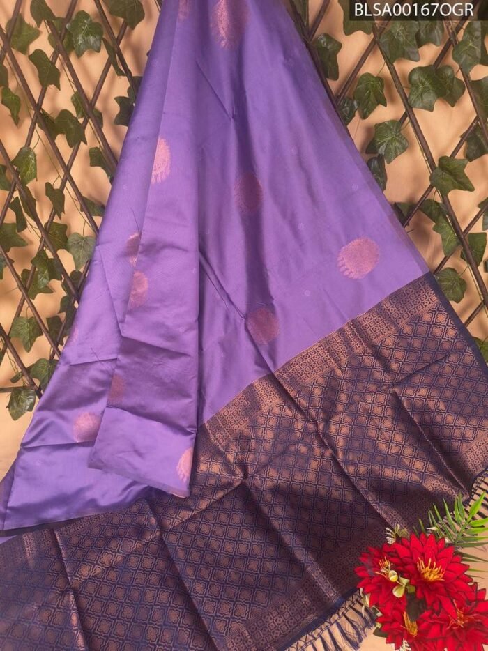 Purple Semi Soft Silk Saree with Golden Border and Floral Motifs - Image 1