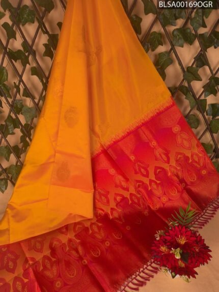 Bright Yellow and Red Semi Soft Silk Saree with Floral Border Design