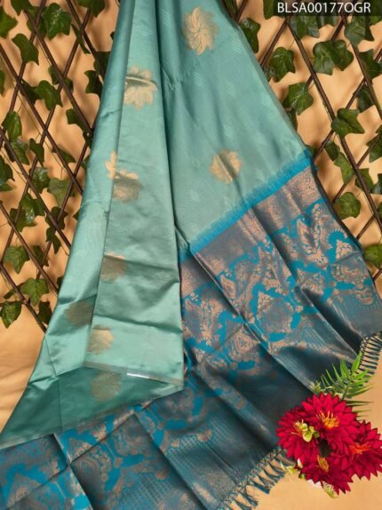 Beautiful Aqua Blue Semi Soft Silk Saree with Intricate Gold Motifs and Rich Pallu