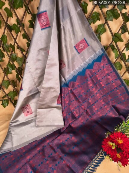 Elegant Semi Soft Silk Saree in Grey and Deep Maroon with Bold Geometric Patterns
