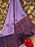 Lavender and Navy Blue Printed Semi Soft Silk Saree with Designer Border