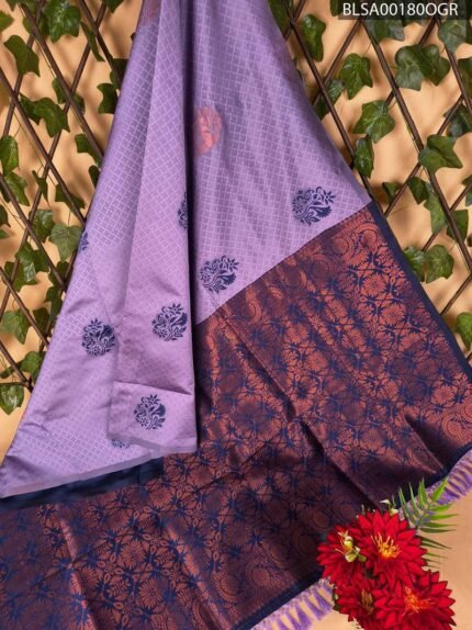 Lavender and Navy Blue Printed Semi Soft Silk Saree with Designer Border