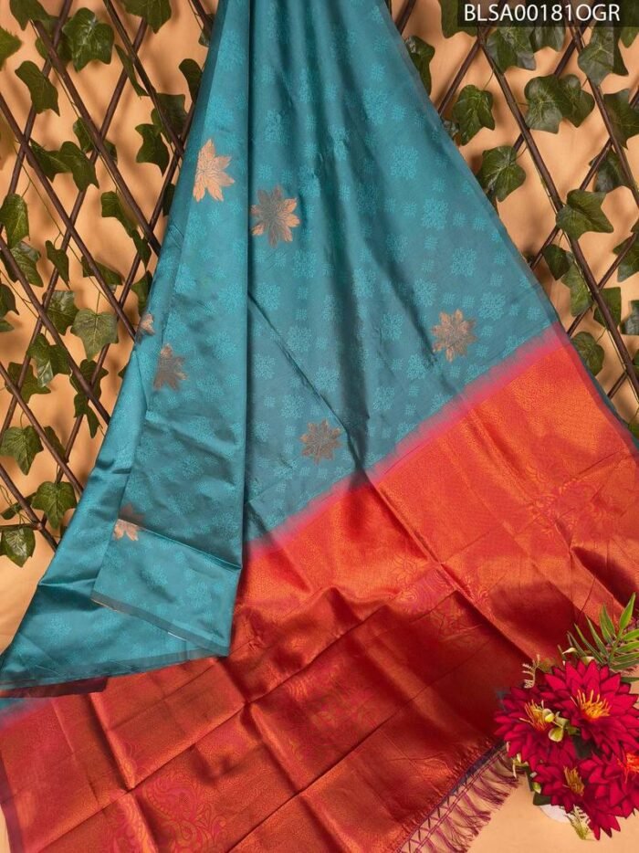 Teal and Orange Semi Soft Silk Saree with Floral Motifs and Rich Border - Image 1