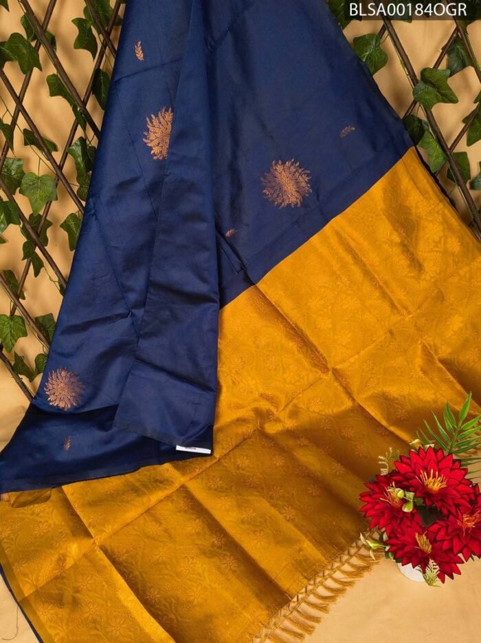 Navy Blue and Mustard Semi Soft Silk Saree with Floral Motifs and Elegant Border - Image 1