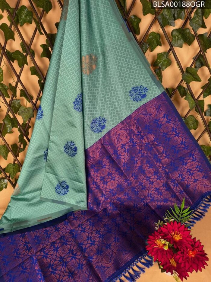 Beautiful Aqua and Purple Semi Soft Silk Saree with Floral Motifs - Image 1