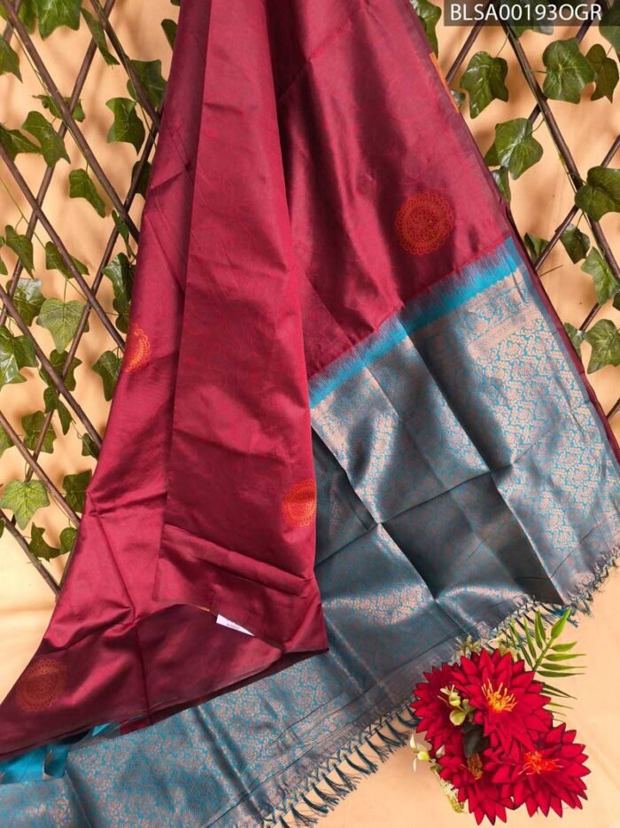 Elegant Maroon and Teal Semi Soft Silk Saree with Intricate Pallu and Border Design - Image 1