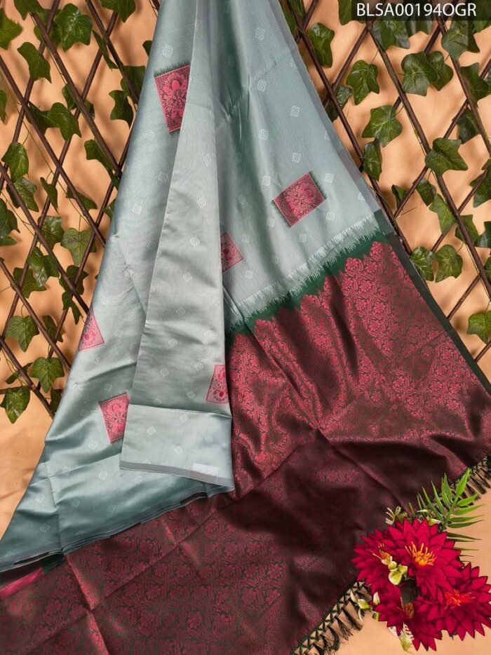 Premium Mint Green and Maroon Semi Soft Silk Saree with Intricate Motifs and Elegant Border - Image 1