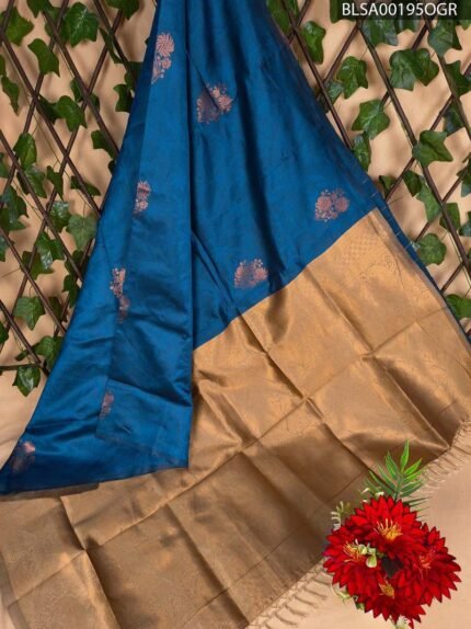 Royal Blue and Gold Semi Soft Silk Saree with Floral Motifs and Rich Pallu