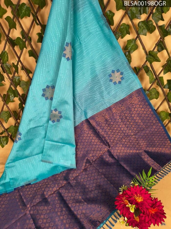 BLSA00198_MAIN_OGR-1.jpg Elegant Aqua Blue and Dark Purple Semi Soft Silk Saree with Geometric Motifs and Rich Pallu - Image 1
