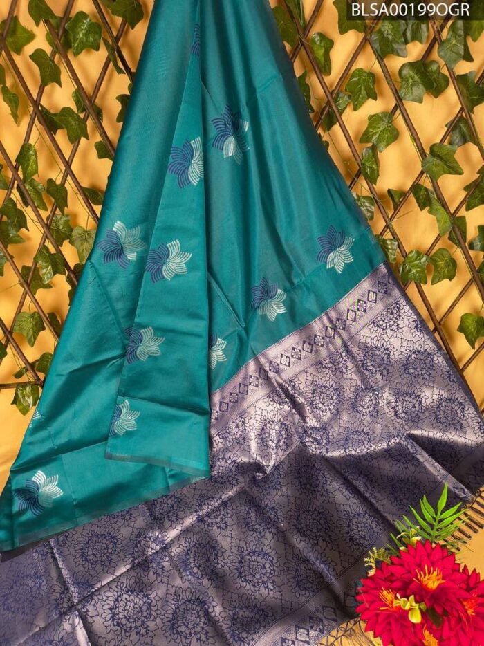 BLSA00199_MAIN_OGR-1.jpg Teal Blue Semi Soft Silk Saree with Floral Motifs and Rich Silver Border - Image 1
