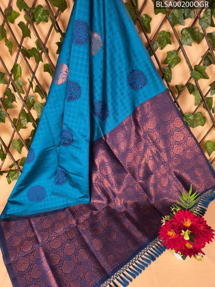 Turquoise Blue and Purple Semi Soft Silk Saree with Elegant Border and Rich Motifs - Image 1