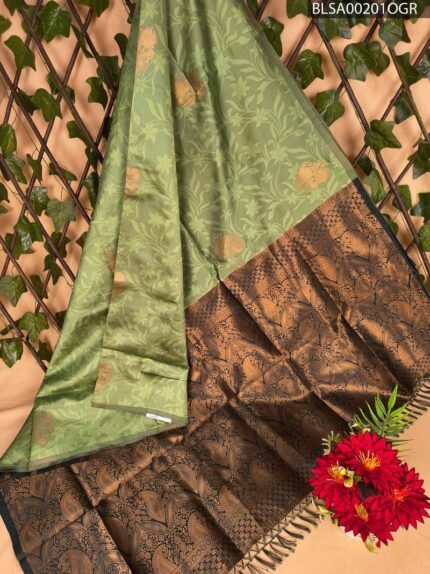 Elegant Green Semi Soft Silk Saree with Rich Brown Border and Floral Motifs
