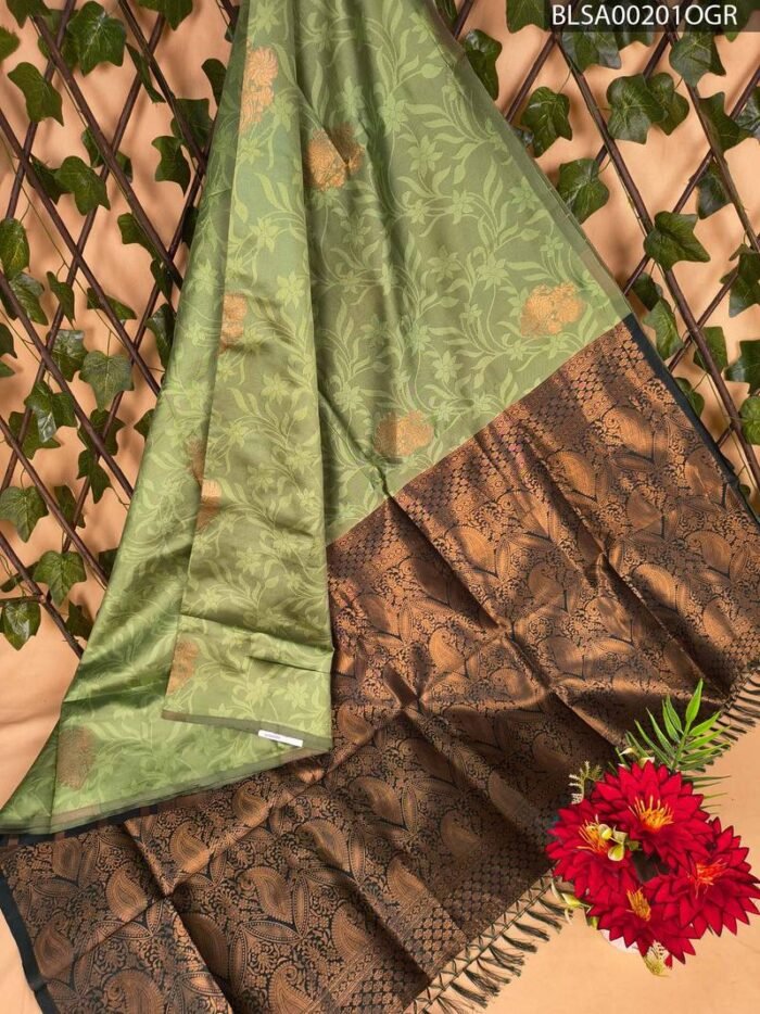 Elegant Green Semi Soft Silk Saree with Rich Brown Border and Floral Motifs - Image 1
