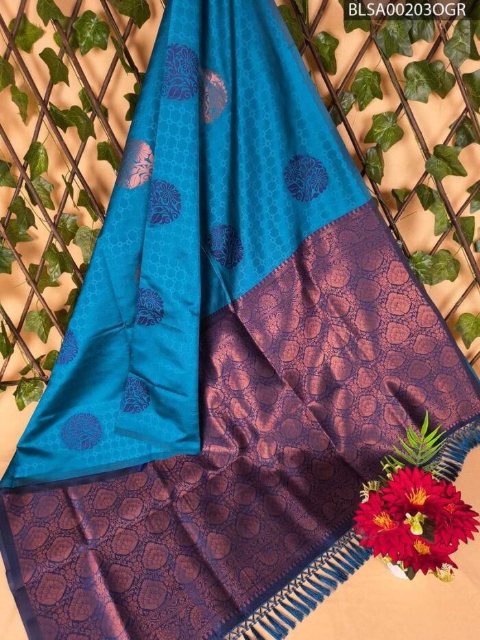 Vibrant Teal and Deep Maroon Semi Soft Silk Saree with Intricate Motifs - Image 1