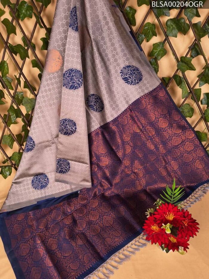 Premium Semi Soft Silk Blue and Grey Floral Pattern Saree with Rich Pallu and Border Design - Image 1