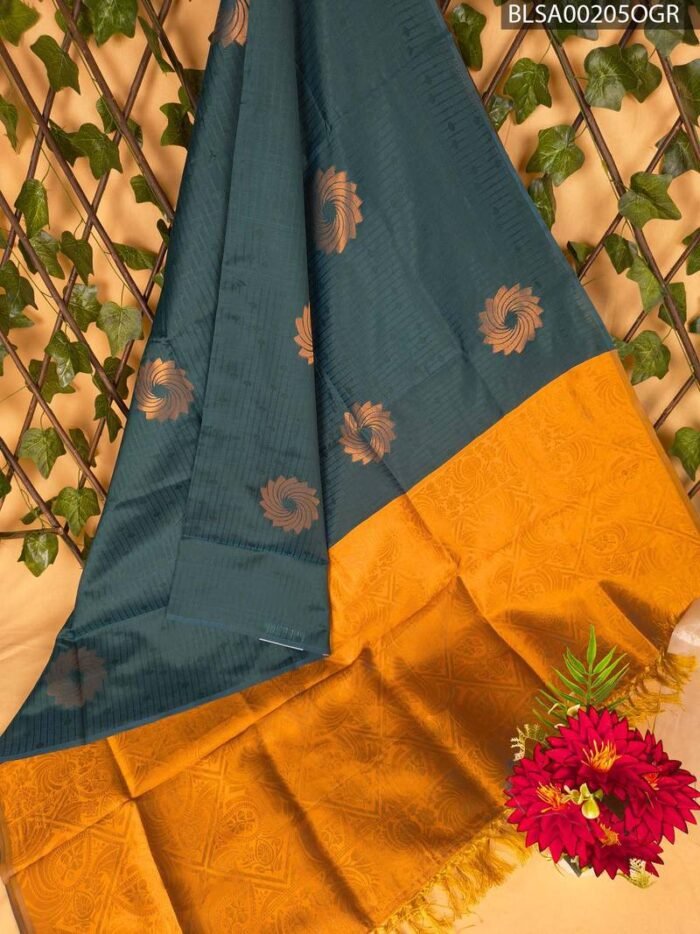 Dark Green and Mustard Semi Soft Silk Saree with Floral Pallu and Rich Border - Image 1