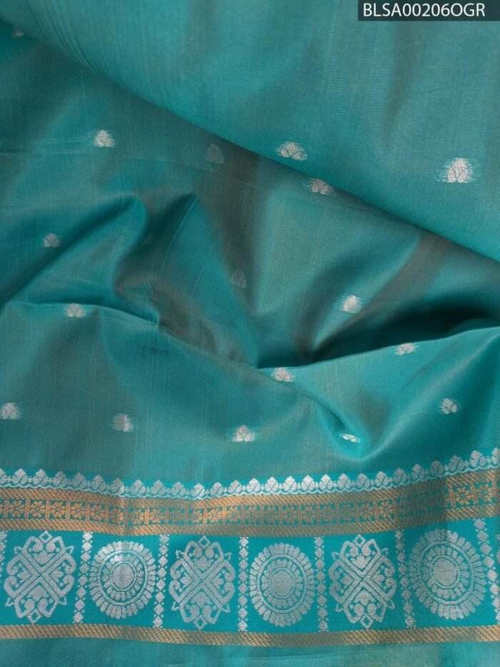 Vibrant Yellow Semi Soft Silk Saree with Teal Pallu and Intricate Border Design - Image 2