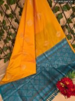Vibrant Yellow Semi Soft Silk Saree with Teal Pallu and Intricate Border Design