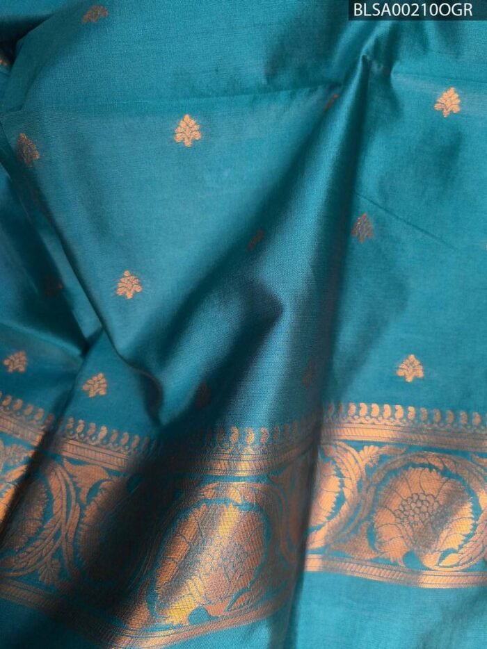 Teal Semi Soft Silk Saree with Rich Floral Motifs and Contrast Blue Border - Image 2