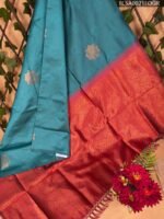 Teal and Red Semi Soft Silk Saree with Golden Motifs and Elegant Border