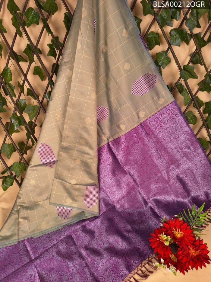 BLSA00212_MAIN_OGR-1.jpg Beige and Purple Semi Soft Silk Saree with Checkered Pallu and Intricate Border Design - Image 1