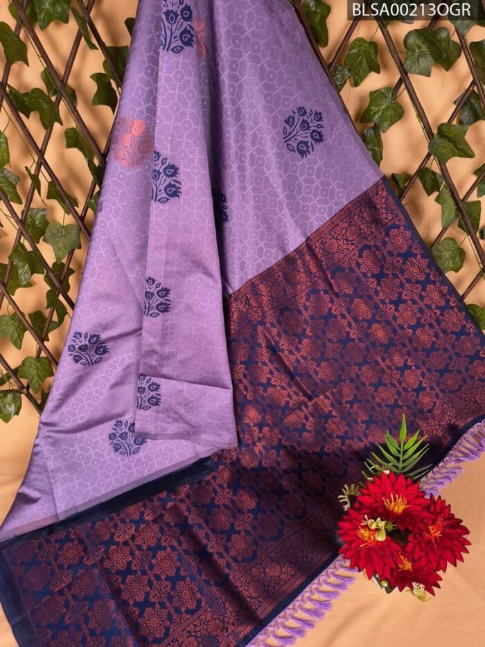 Elegant Lavender and Navy Blue Semi Soft Silk Saree with Intricate Floral Patterns - Image 1
