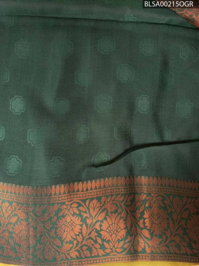 Bright Olive Green Semi Soft Silk Saree with Rich Dark Brown Border and Floral Motifs - Image 2